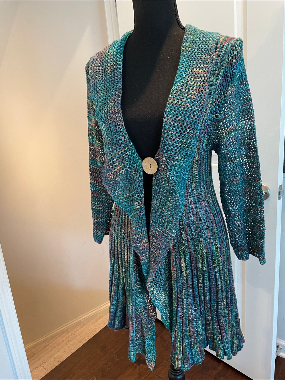 Kaktus Open Knit Waterfall Cardigan Sweater Size M Rainbow Multicolor Boho Airy